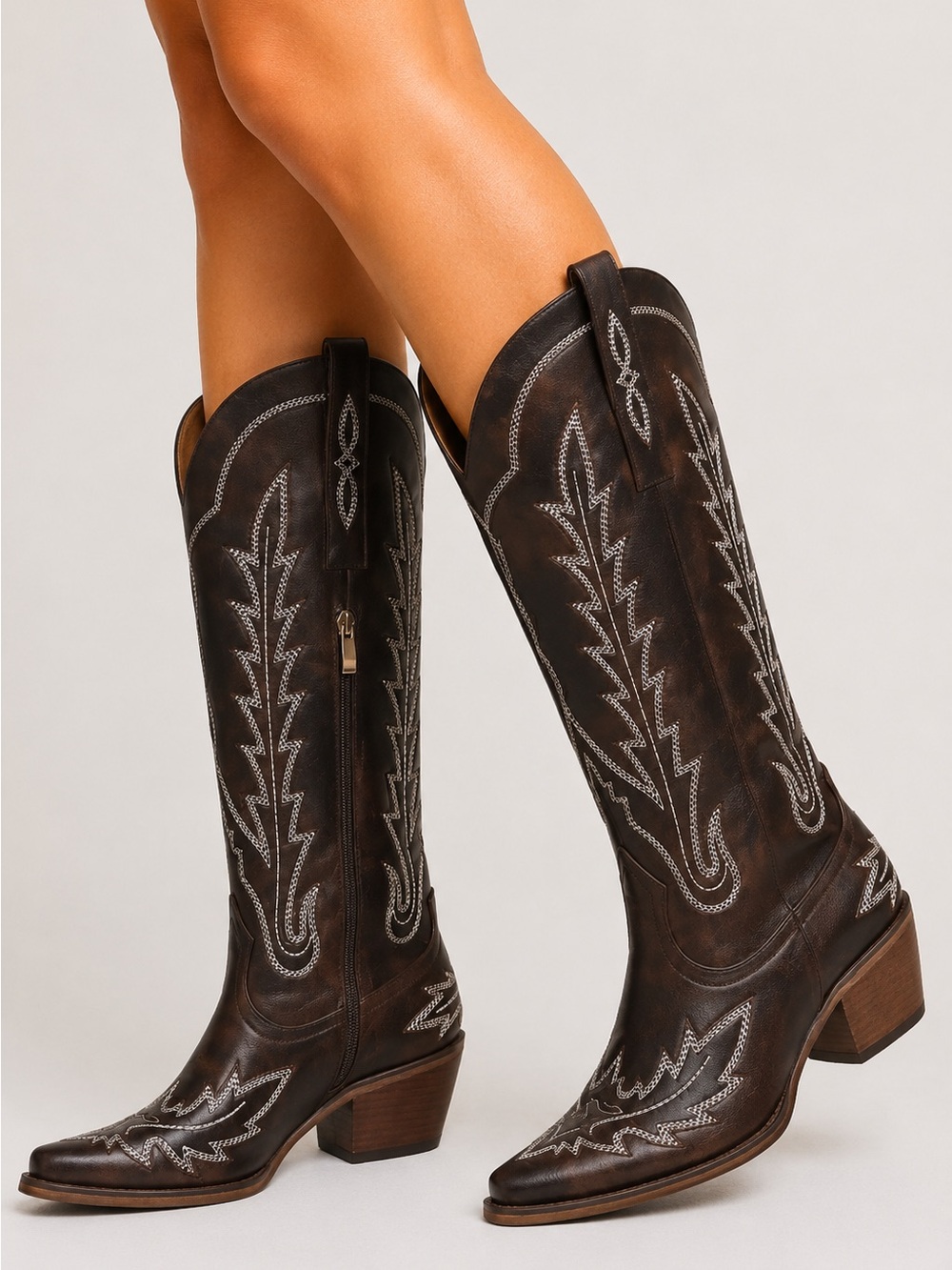 Classic Brown Embroidered Western Knee-High Boots